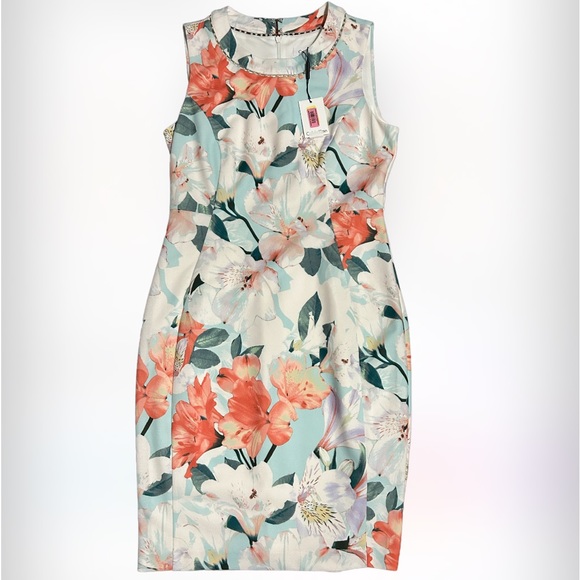 Calvin Klein BEAUTIFUL Printed Sheath w/Pearls At Neck(Seaspray Multi)Dress SZ10 - Picture 2 of 8